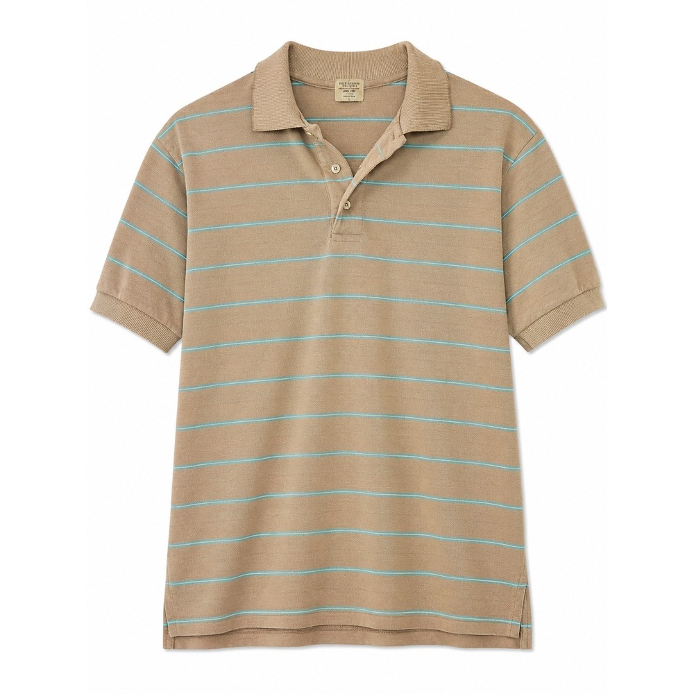 Vintage 60s Valiant USA Mens XL Tan Aqua Stripe Knit Polo Shirt Mod Retro